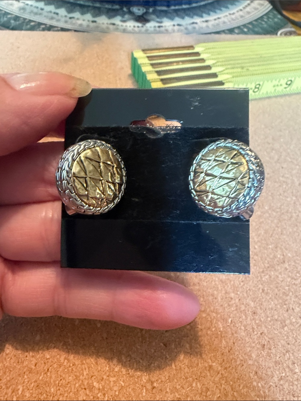Two-Tone Textured Round pierced Earrings - Gold & Silver